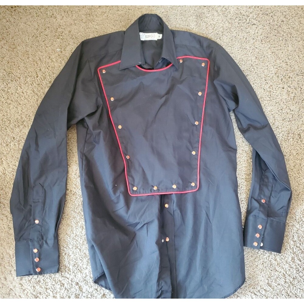 Vintage Sheplers Mens M Cavalry Western Bib Shirt Black Red Piping Made in USA